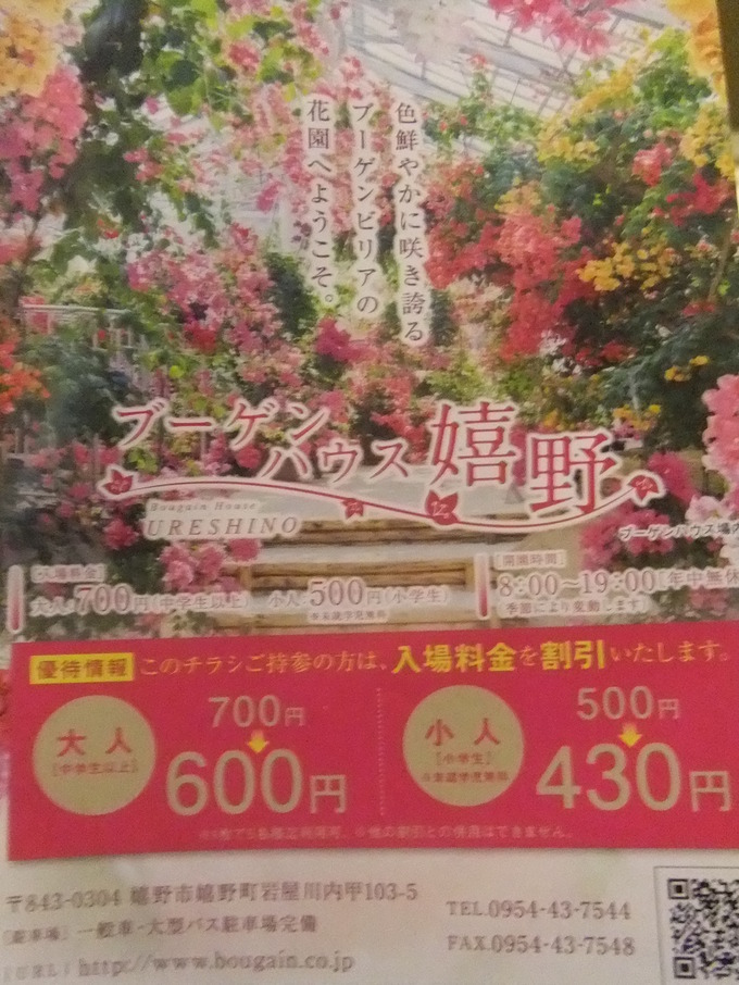 ブーゲンハウス嬉野　入場料700円　→　600円に！